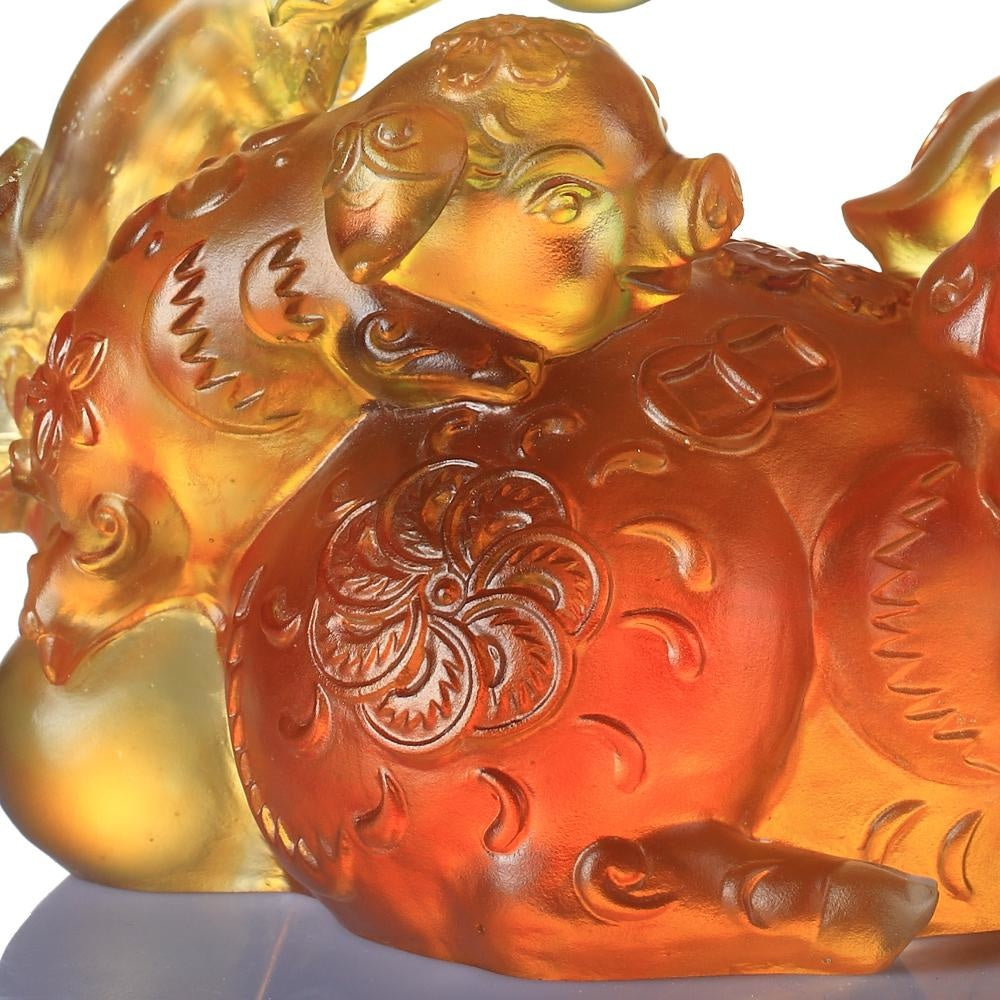 LIULI Crystal Art Crystal Pig and Butterfly, "Fulfillment" Limited Edition, Amber Green