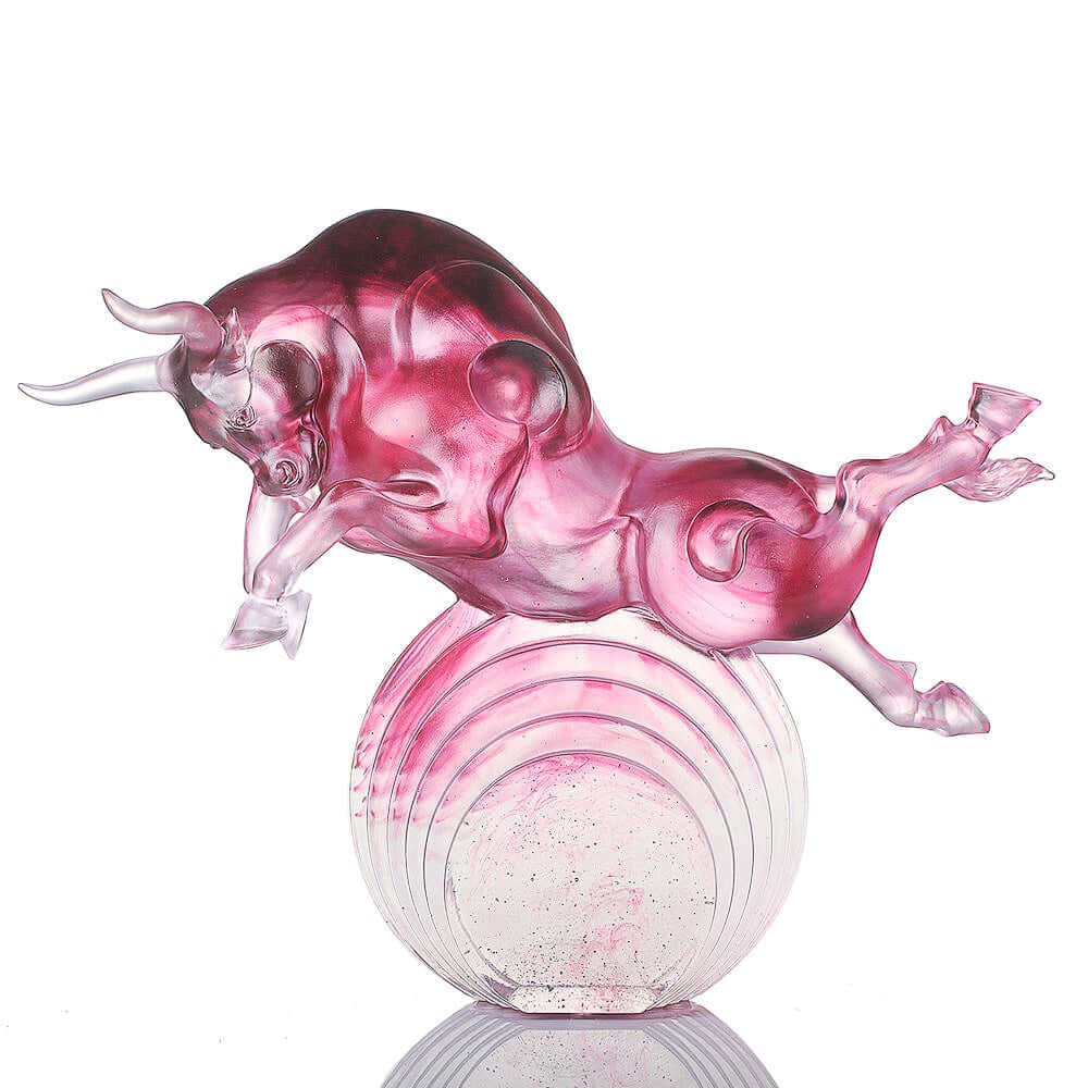 LIULI Crystal Art Crystal Art Bull Statue in Gold Red/Purple "Rise Above" Limited Edition