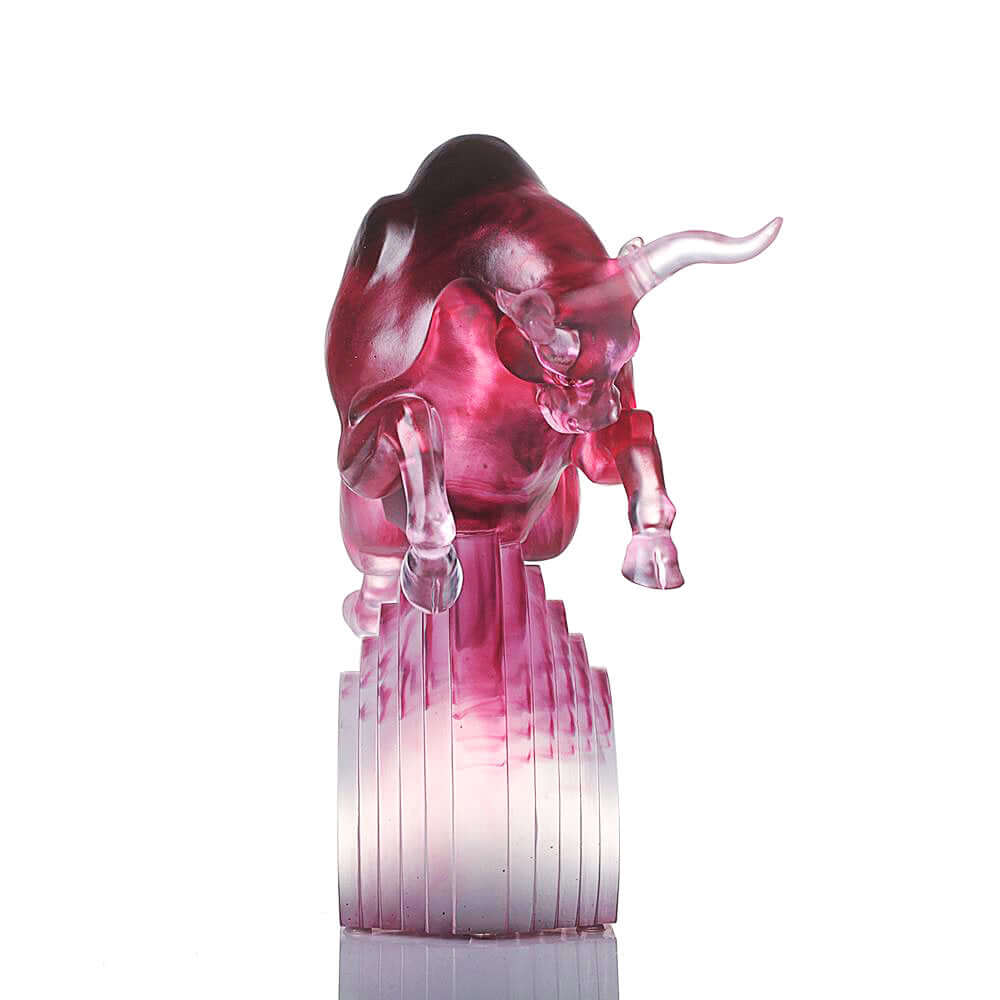 LIULI Crystal Art Crystal Art Bull Statue in Gold Red/Purple "Rise Above" Limited Edition