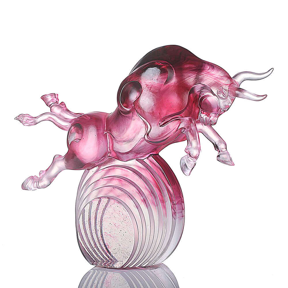 LIULI Crystal Art Crystal Art Bull Statue in Gold Red/Purple "Rise Above" Limited Edition