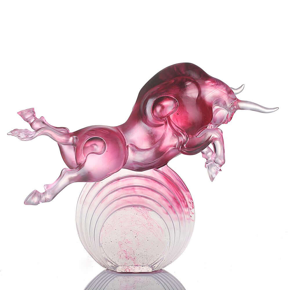 LIULI Crystal Art Crystal Art Bull Statue in Gold Red/Purple "Rise Above" Limited Edition