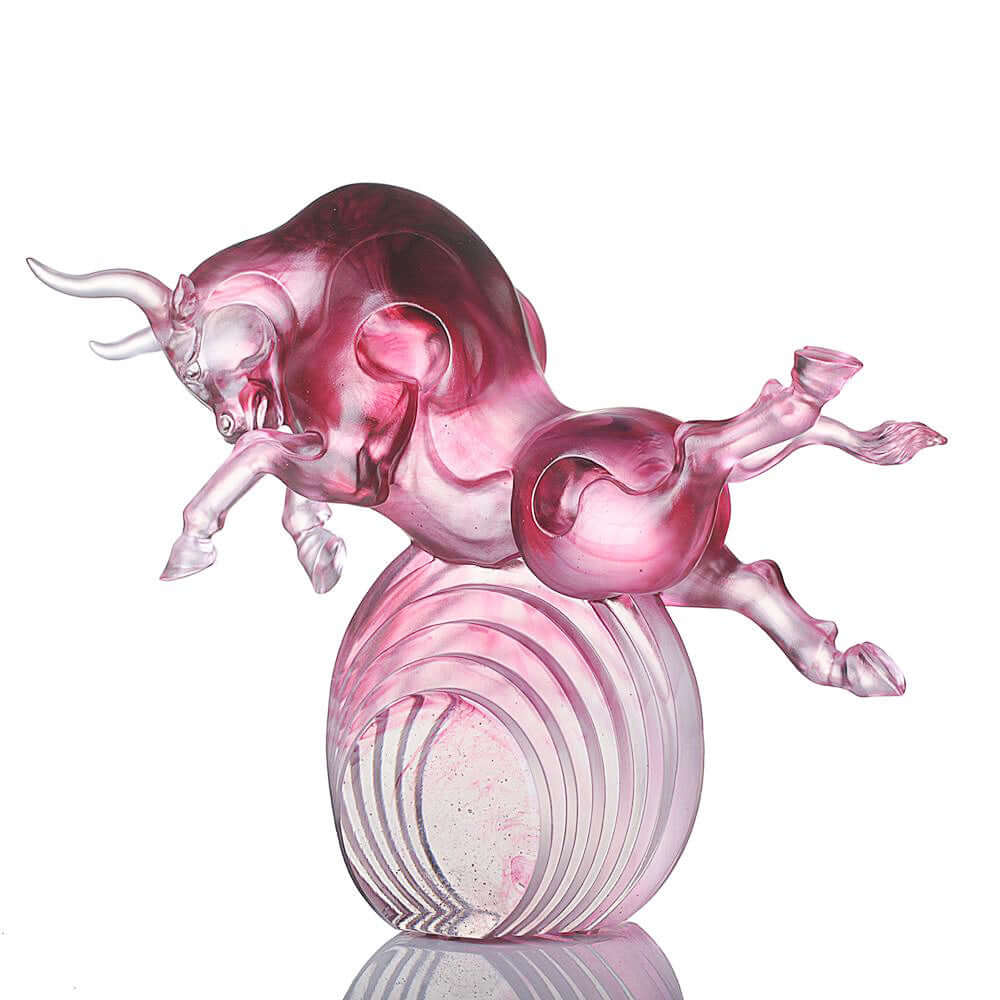 LIULI Crystal Art Crystal Art Bull Statue in Gold Red/Purple "Rise Above" Limited Edition