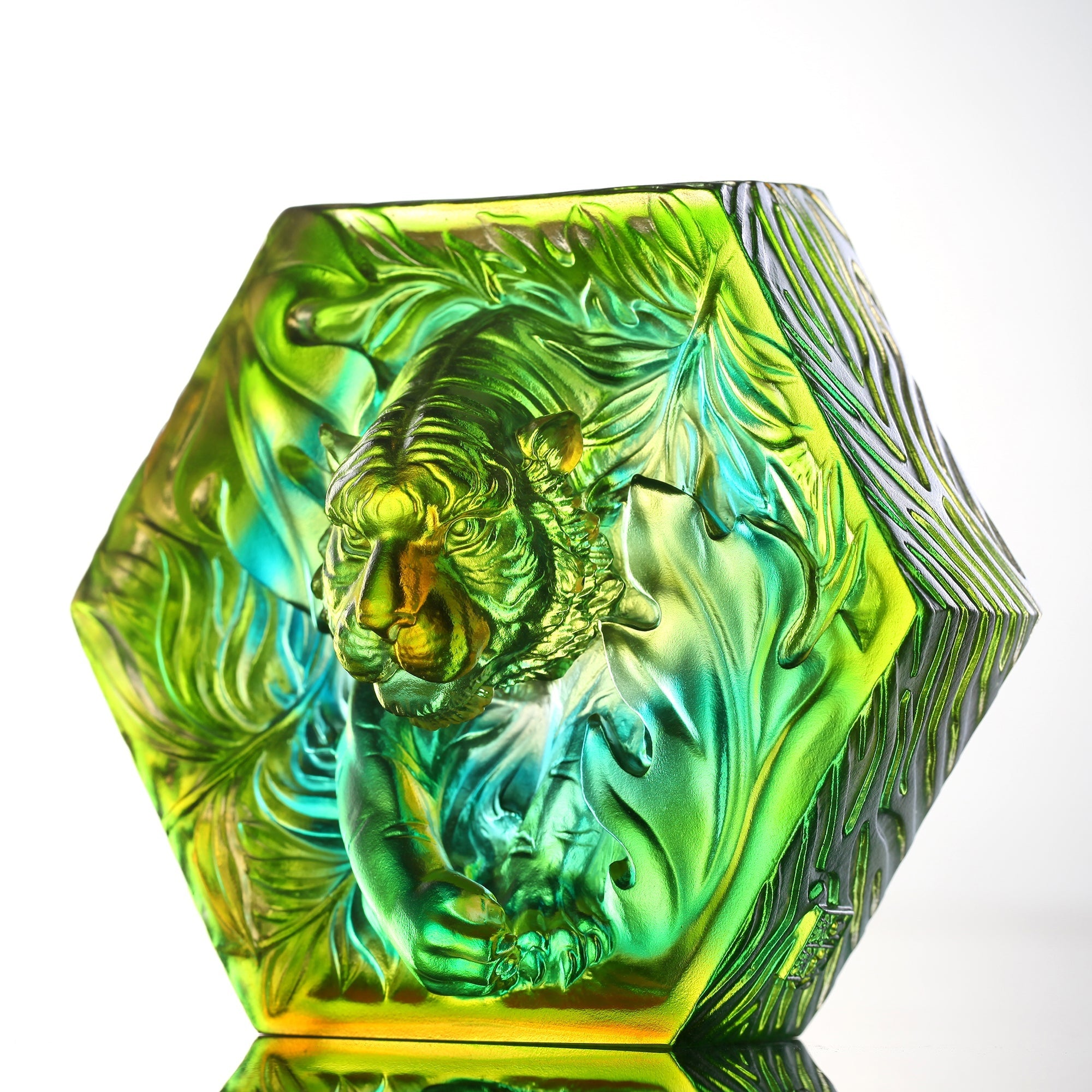 LIULI Crystal Art Crystal Tiger, "Courageous Advance" in Amber Bluish Green