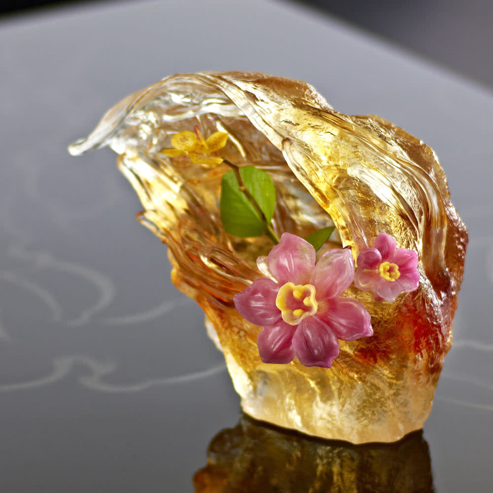 LIULI Crystal Art Crystal Floral Vase, Narcissus, "Peach Blossom Spring"