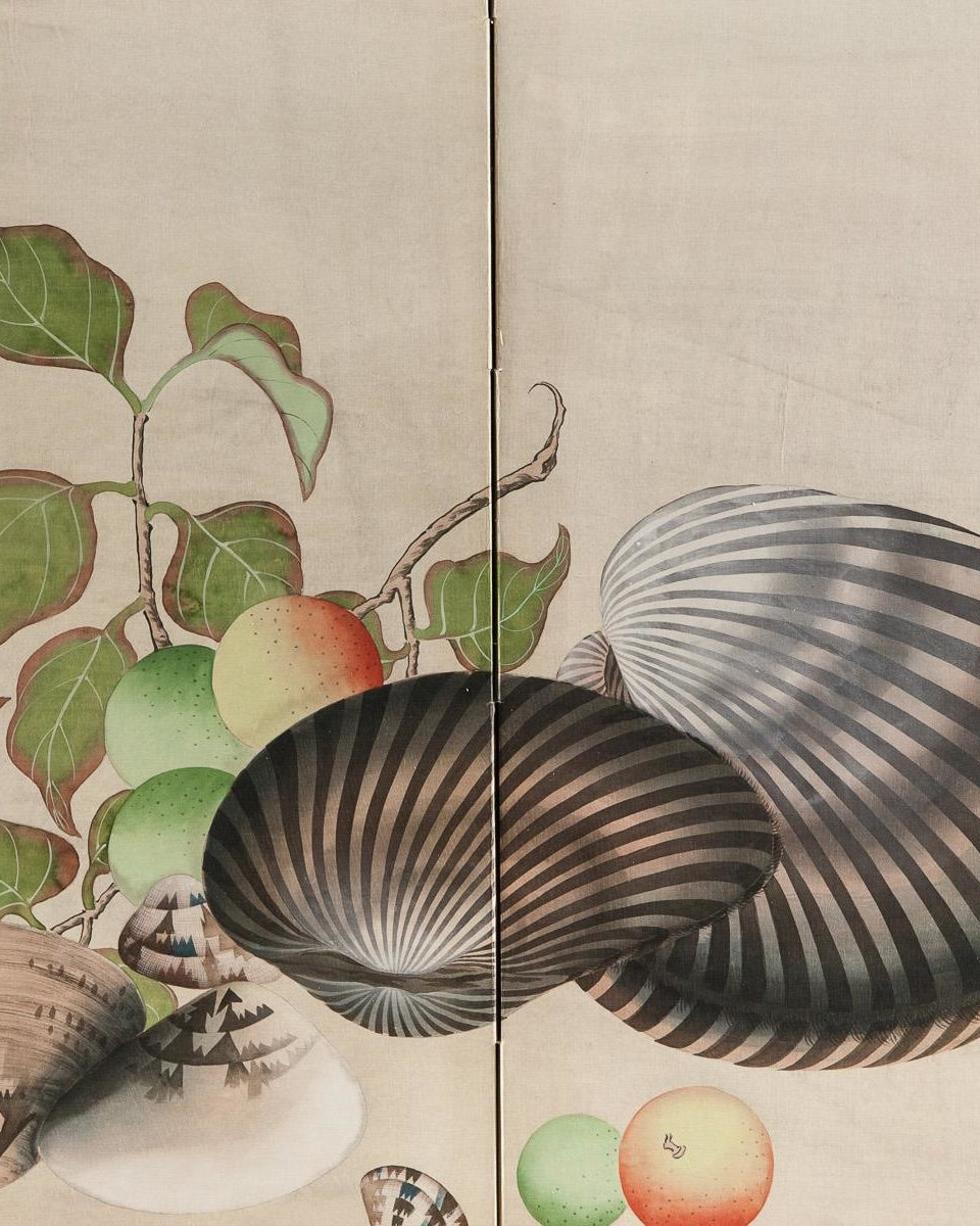 Lawrence & Scott Sung Tze-Chin Chinoiserie "Clams & Fruit" Silk Hanging Two-Panel Screen 17'' x 48''