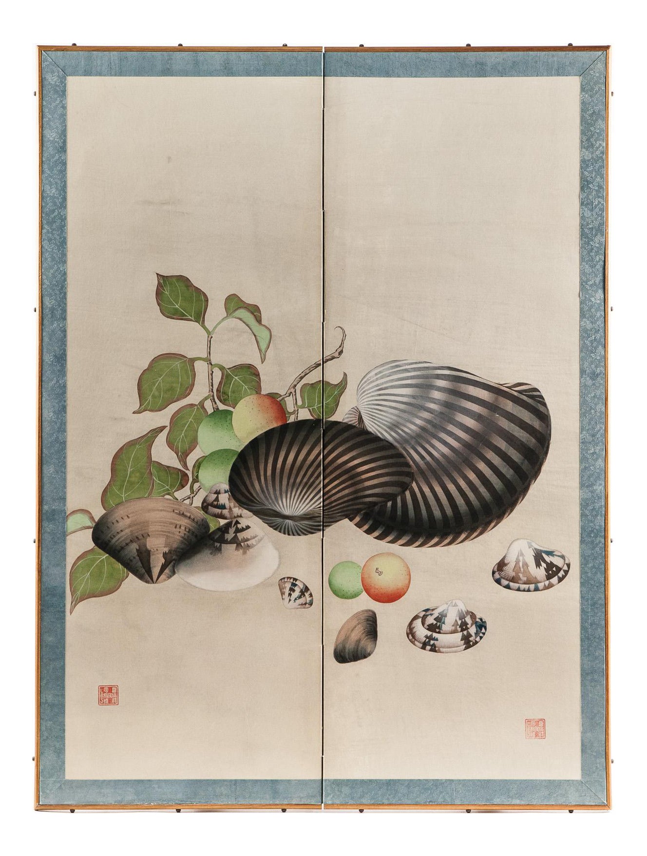 Lawrence & Scott Sung Tze-Chin Chinoiserie "Clams & Fruit" Silk Hanging Two-Panel Screen 17'' x 48''