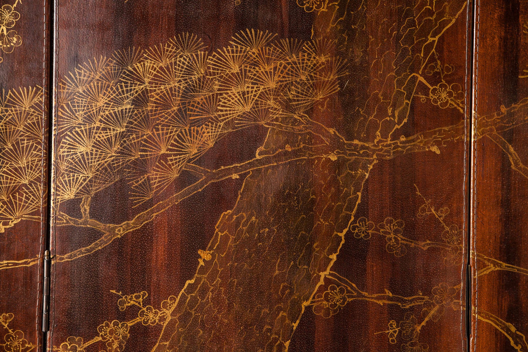 Double-Sided Leather Wisteria & Bamboo Scene 4-Panel Room Divider Screen in Mahogany