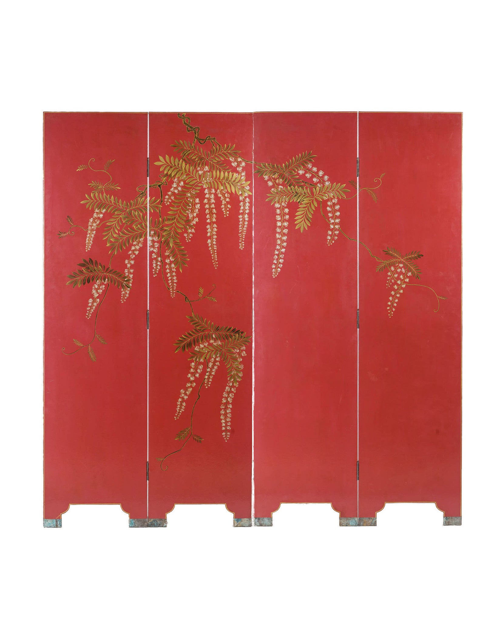 Double-Sided Leather Wisteria Scene 4 Panel Room Divider Screen in Red