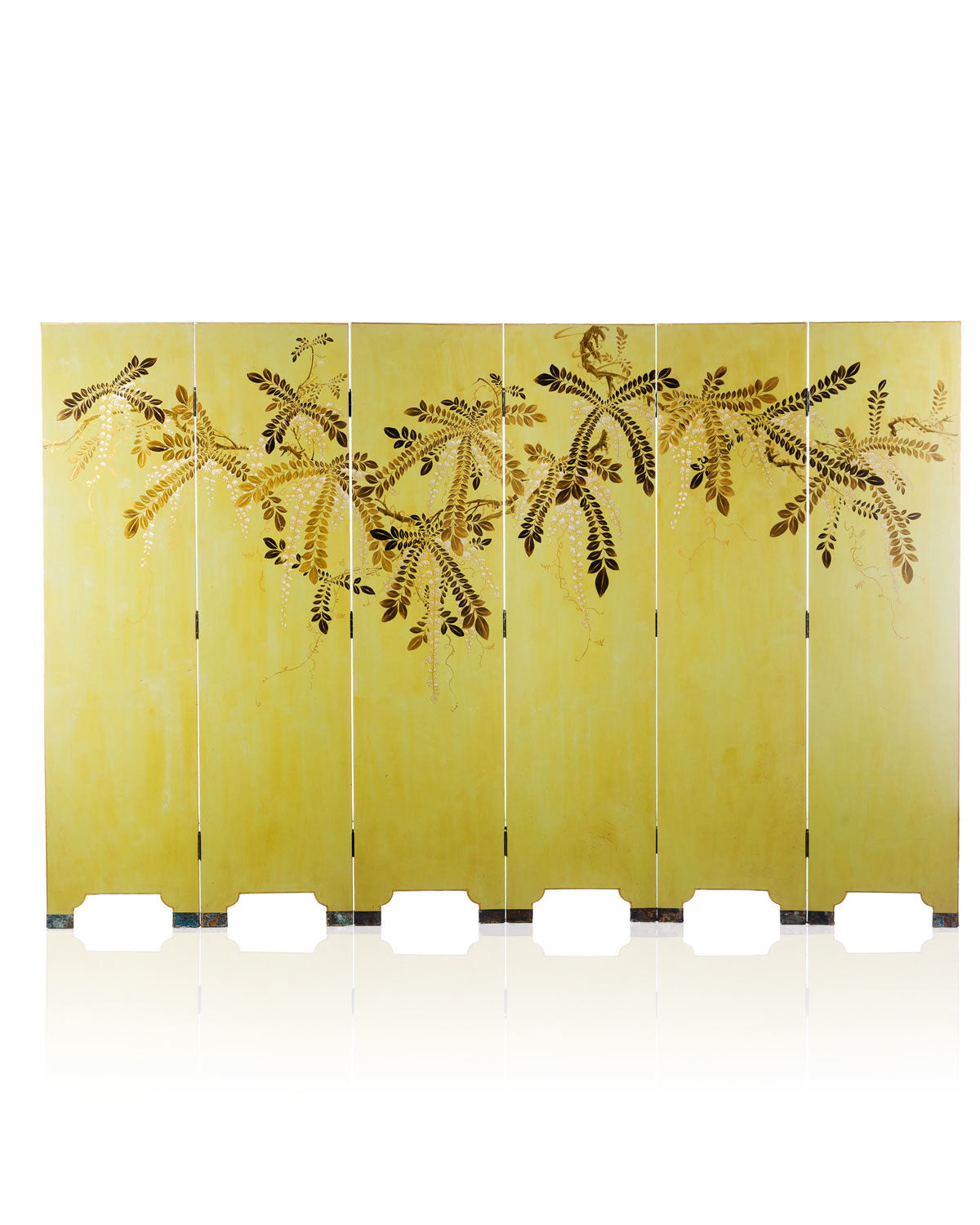 Lawrence & Scott Double-Sided Leather Wisteria & Bamboo Scene 6-Panel Room Divider Screen in Rural Green