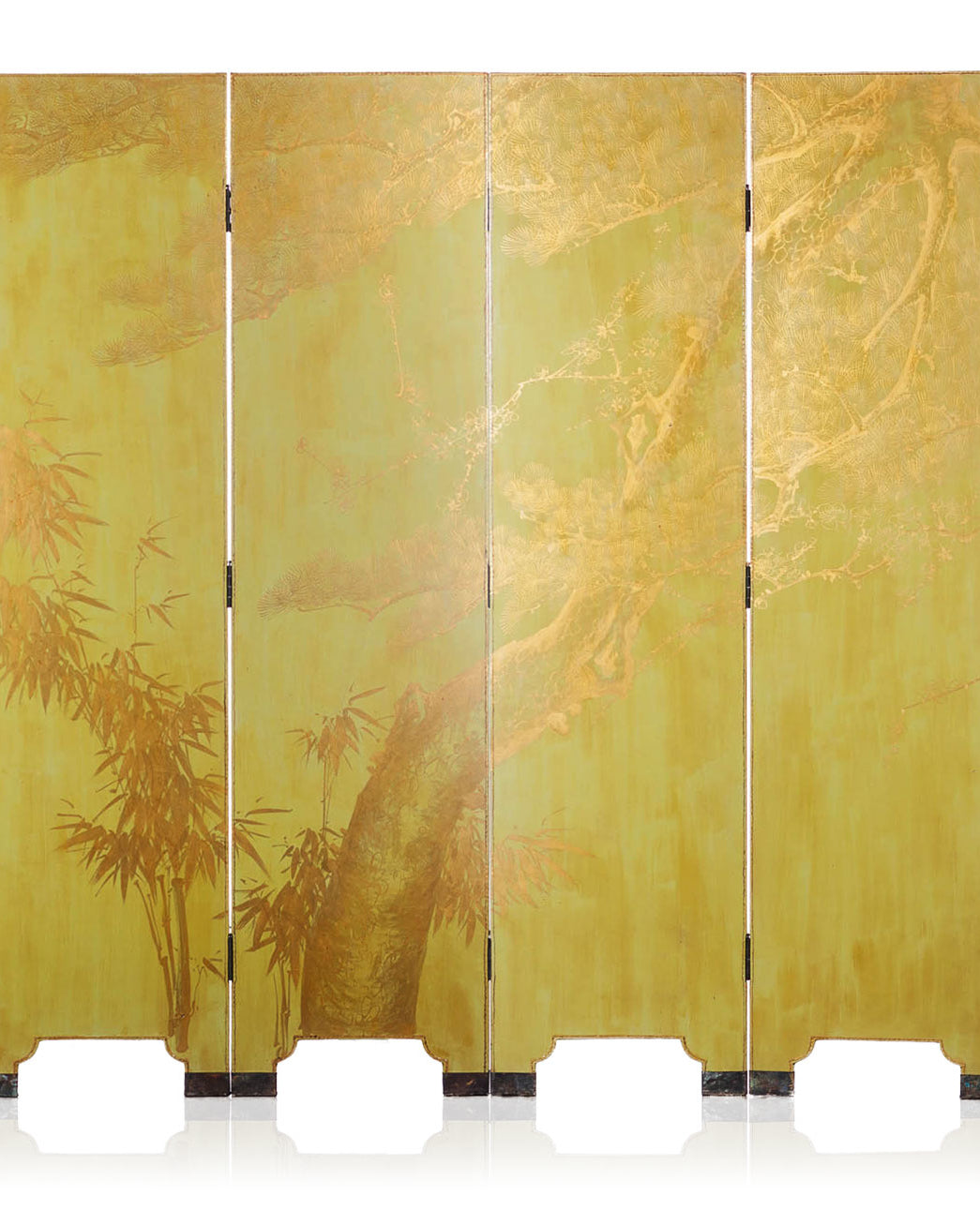 Lawrence & Scott Double-Sided Leather Wisteria & Bamboo Scene 6-Panel Room Divider Screen in Rural Green
