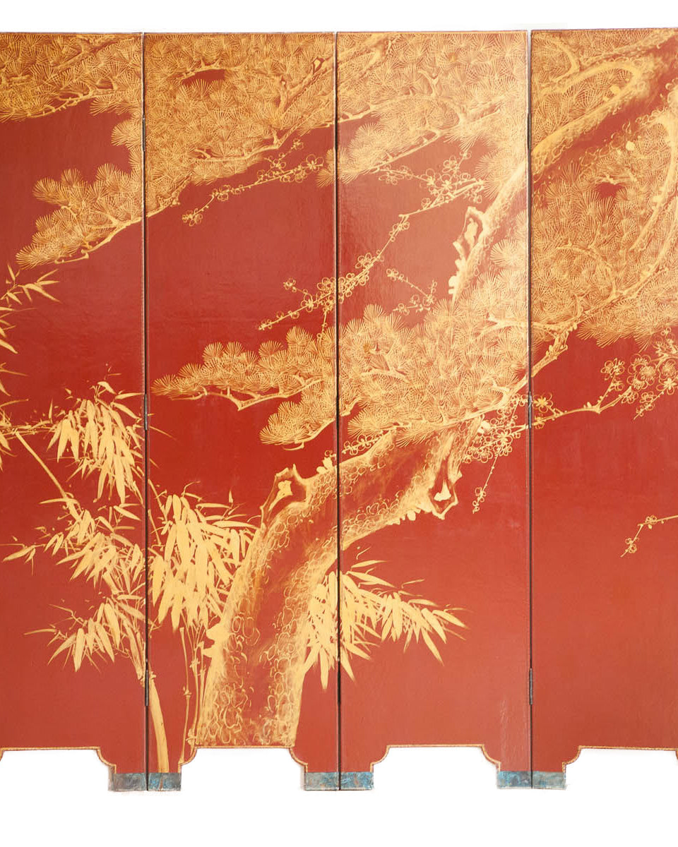 Lawrence & Scott Double-Sided Leather Wisteria Scene 6 Panel Room Divider Screen in Red