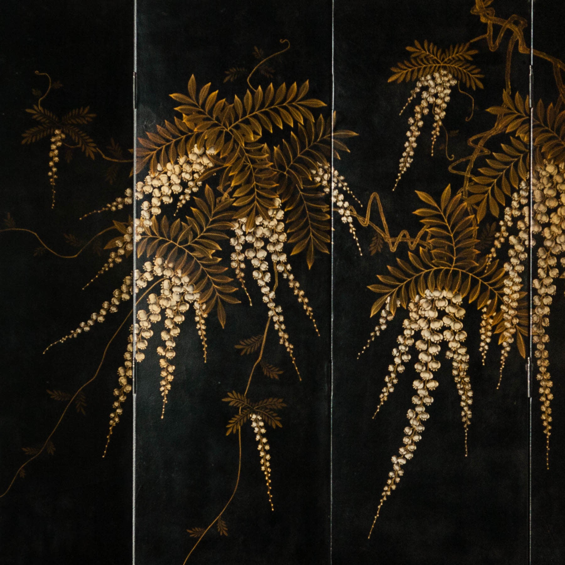 Double-Sided Leather Wisteria & Bamboo Scene 6-Panel Room Divider Screen in Sultan Black