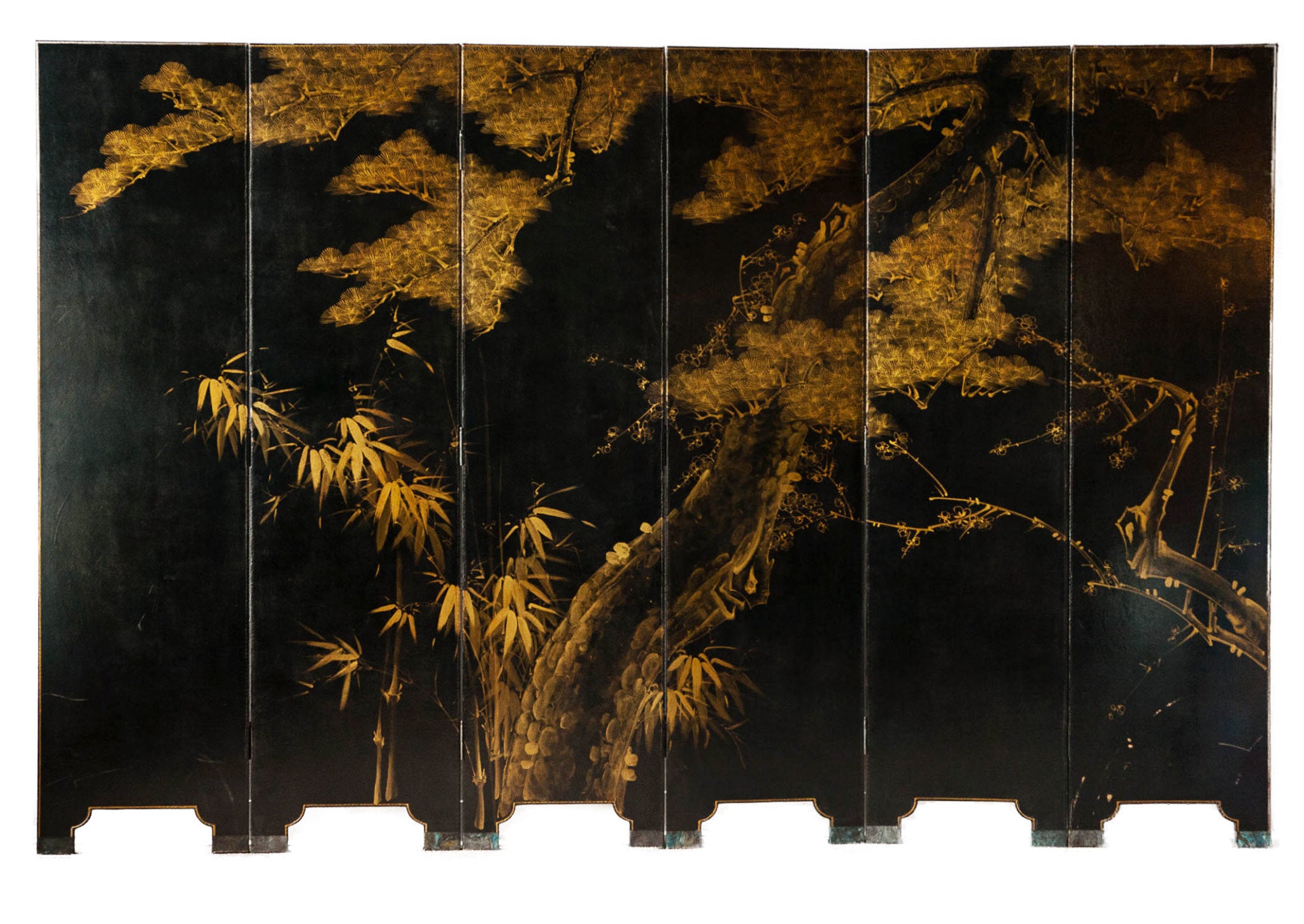 Double-Sided Leather Wisteria & Bamboo Scene 6-Panel Room Divider Screen in Sultan Black