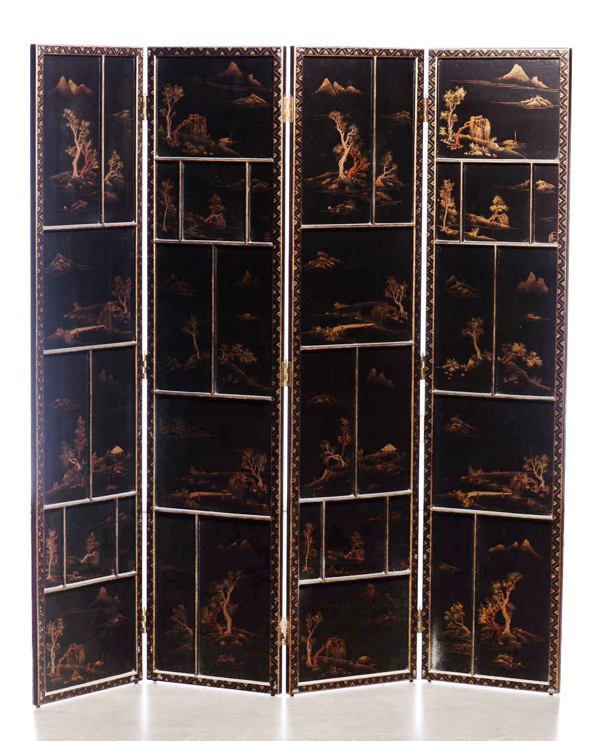 Lawrence & Scott Japanese Large Four-Panel Kano Style Landscapes Screen Room Divider