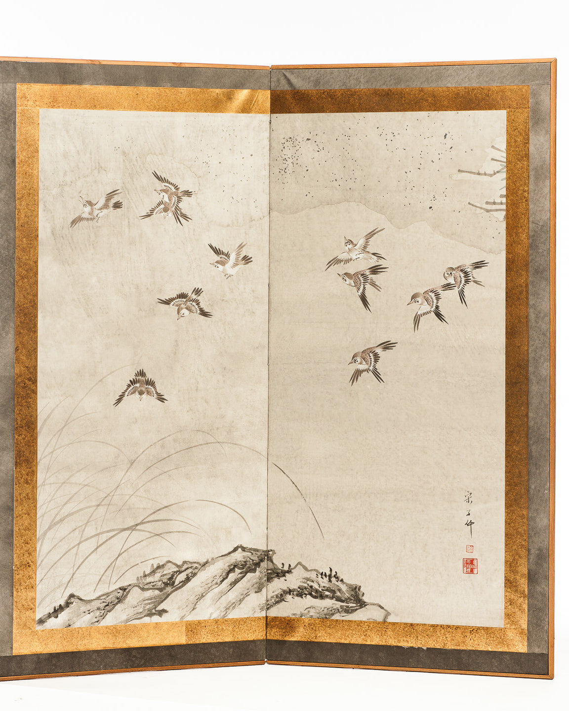 Lawrence & Scott Sung Tze-Chin Chinese "Magpies in Flight" Two-Panel Screen Silk Hanging Screen 24" W x 48" H