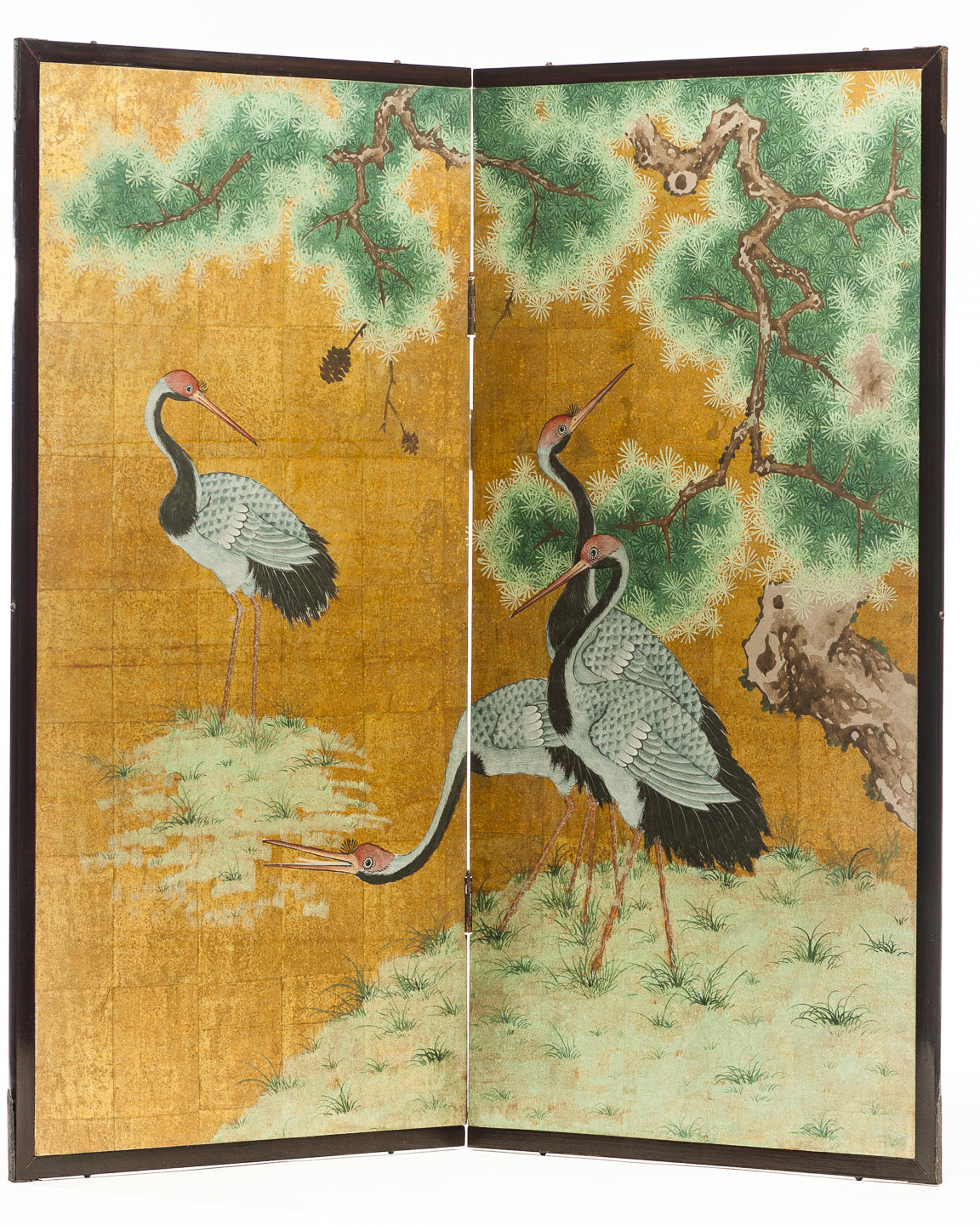Lawrence & Scott Japanese Style 2-Panel "Cranes at Rest" Hand-Painted Gold Foil Screen 24'' X 50'' X 2 panels