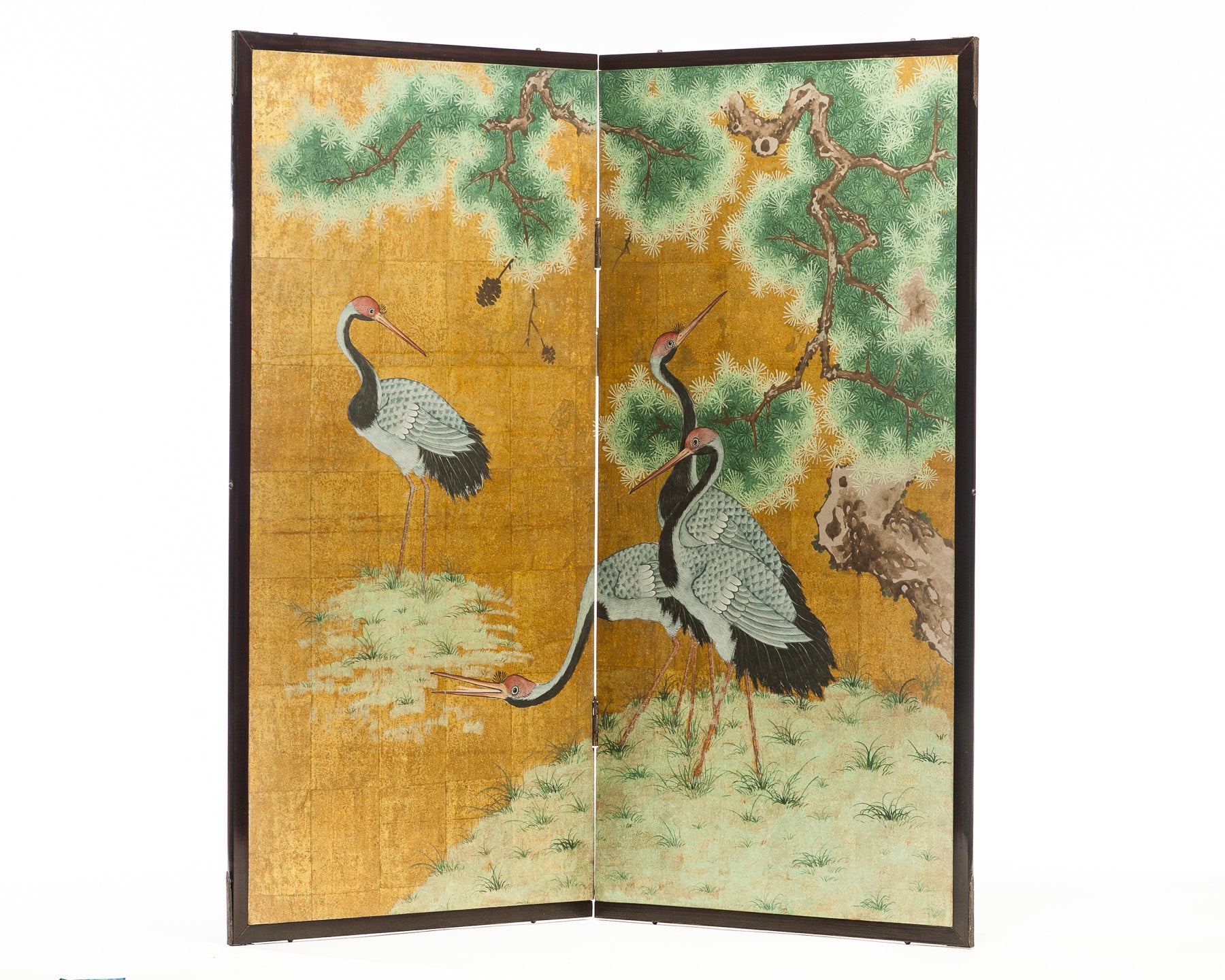 Lawrence & Scott Japanese Style 2-Panel "Cranes at Rest" Hand-Painted Gold Foil Screen 24'' X 50'' X 2 panels