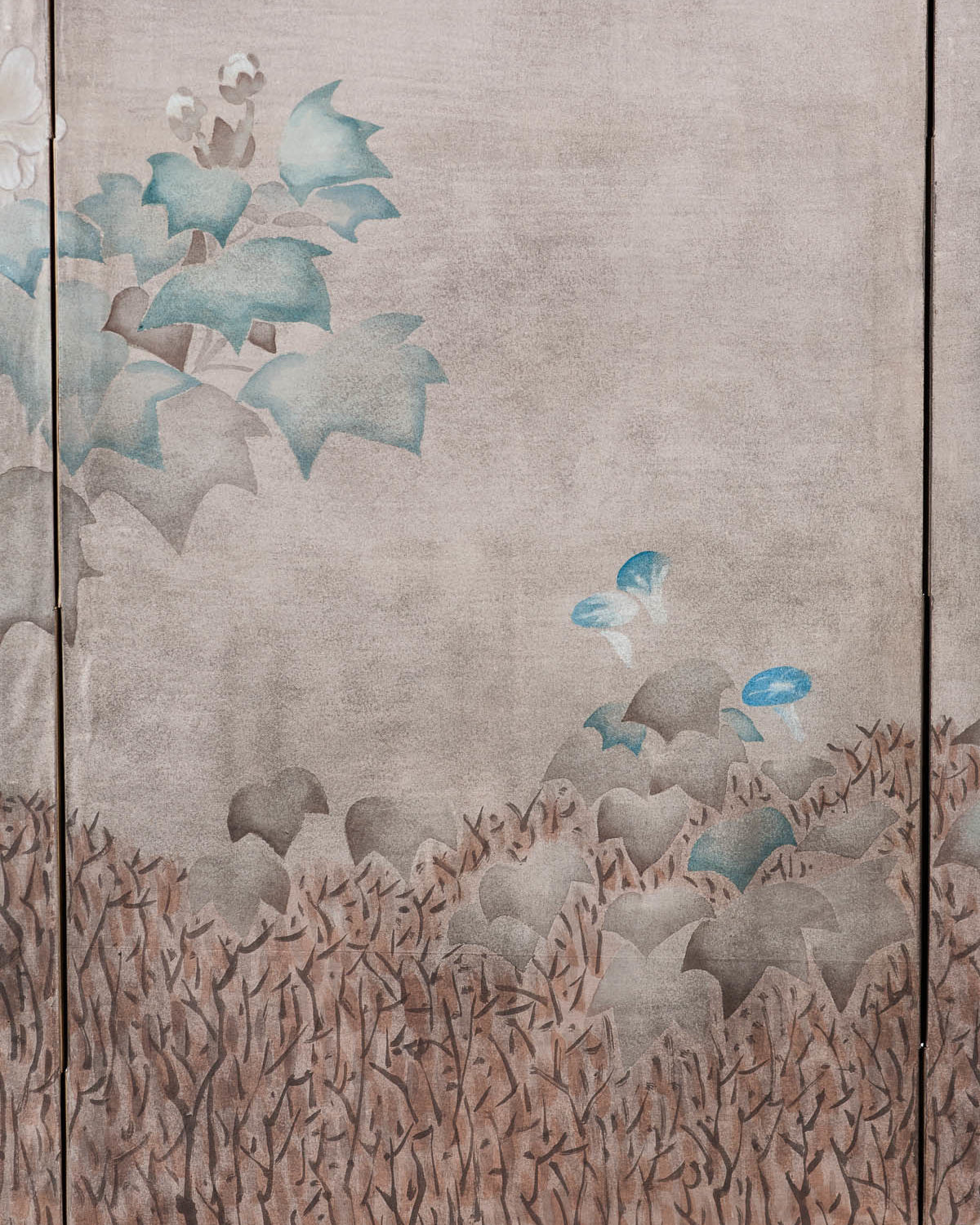 Lawrence & Scott Sung Tze-Chin Large Chinoiserie Hanging Screen Ink on Paper "Brushed Wood Fence With Chrysanthemum" 11 Feet Wide by 6 Feet Height