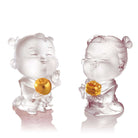 LIULI Crystal Art Crystal Dolls of Peace & Good Fortune, Baby Peace & Baby Ruyi (Set of 2), Powder White, 24K Gold Leaf