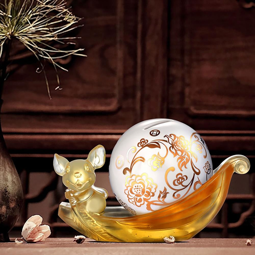 LIULI Crystal Art Crystal Mouse, Piggy Bank, Year of the Rat, "Aboard the Auspicious Ship"