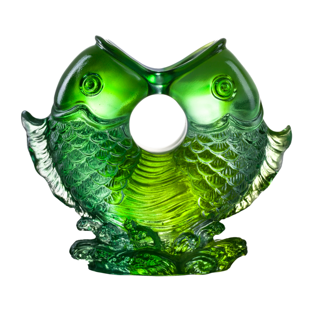 LIULI Crystal Art Crystal Twin Fish "Turning of Ruyi" Feng Shui Sculpture in Green