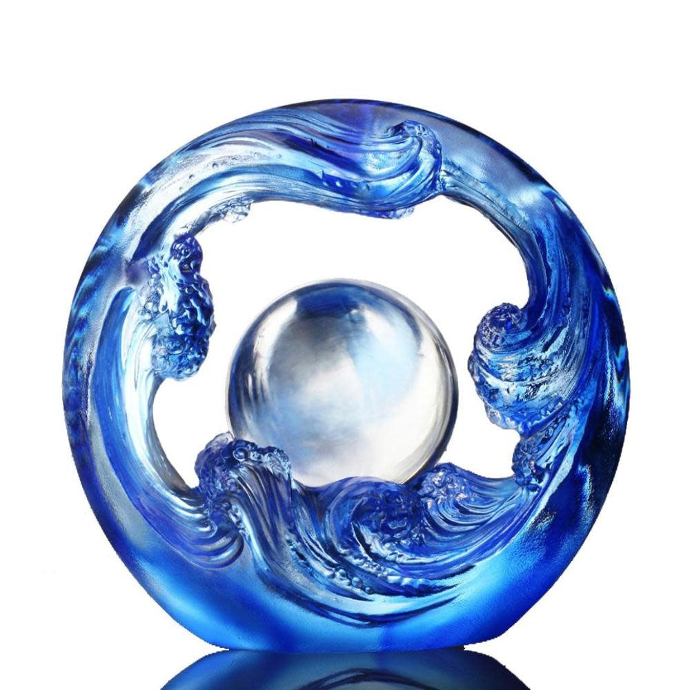 LIULI Crystal Art Crystal Water Flow Feng Shui Sculpture in Blue