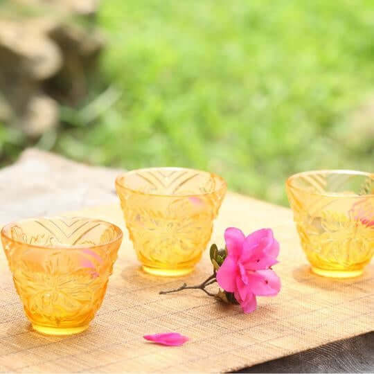 LIULI Crystal Art Crystal "To Drink Amongst Flowers" Sake Glasses, Set of 4, Light Amber