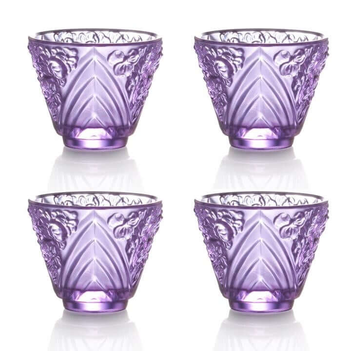 LIULI Crystal Art Crystal "To Drink Amongst Flowers" Sake Glasses, Set of 4, Clear Royal Purple