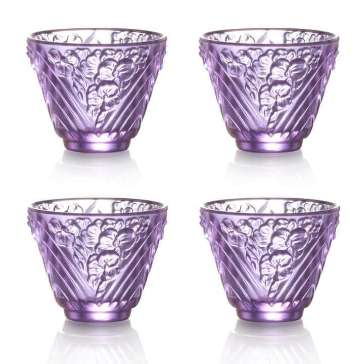 LIULI Crystal Art Crystal "To Drink Amongst Flowers" Sake Glasses, Set of 4, Clear Royal Purple