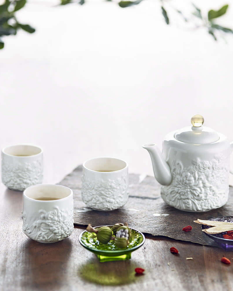 LIULI Crystal Art Bone China Tea Set - Four Seasons of Leisure (1 Teapot, 4 Teacups)