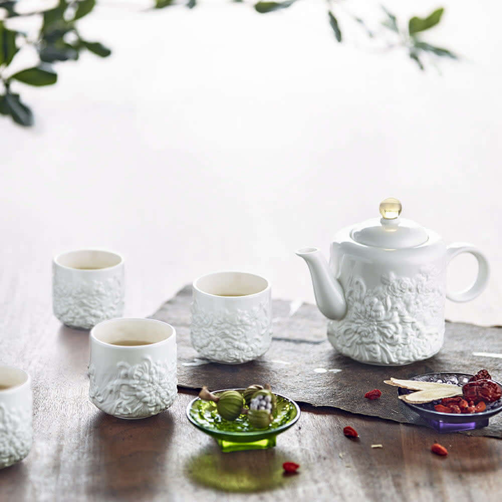 LIULI Crystal Art Bone China Tea Set - Four Seasons of Leisure (1 Teapot, 4 Teacups)