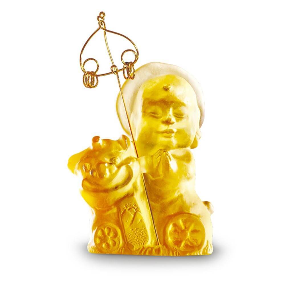 LIULI Crystal Art Crystal Buddha, "Joyous and Worry-Free, Safe Travels" Ksitigarbha Bodhisattva in Amber